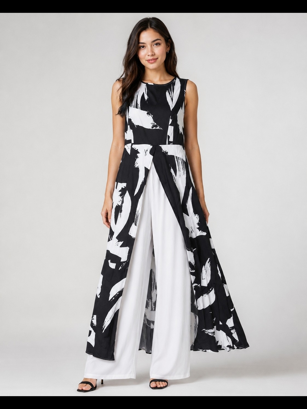 Womens Sleeveless Black & White Wide-Leg Pants Jumpsuit W/ Skirt Overlay Size XL